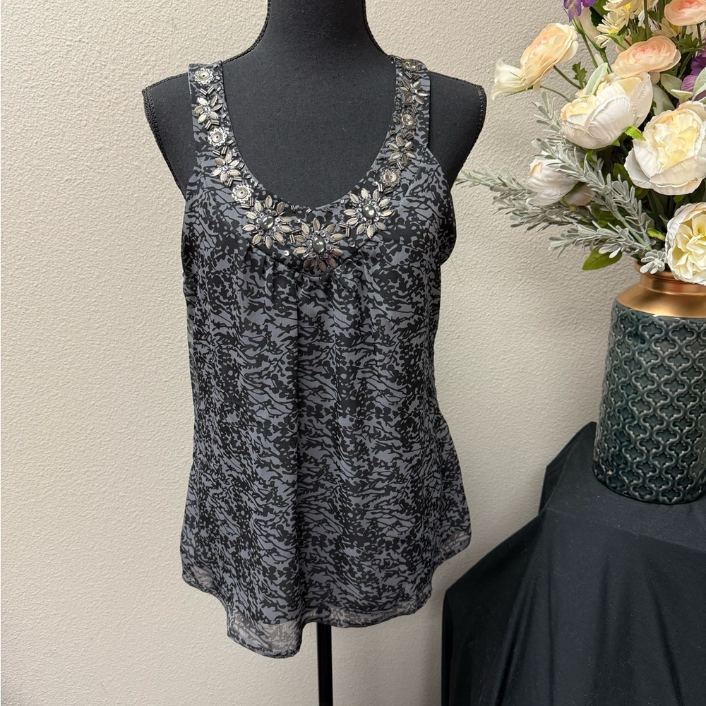 Cynthia Rowley Embellished Tank Top Gray Black Abstract Sleeveless L